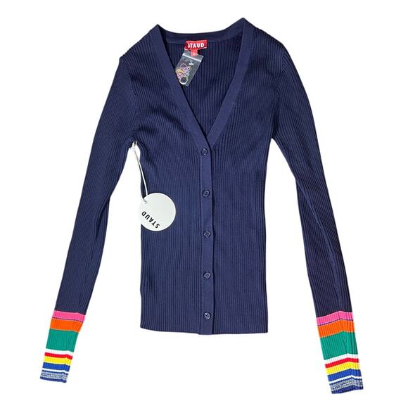 NWT $178 STAUD Cargo Sweater Navy Multi Ribbed Fitted Cardigan Sweater M - Picture 1 of 5